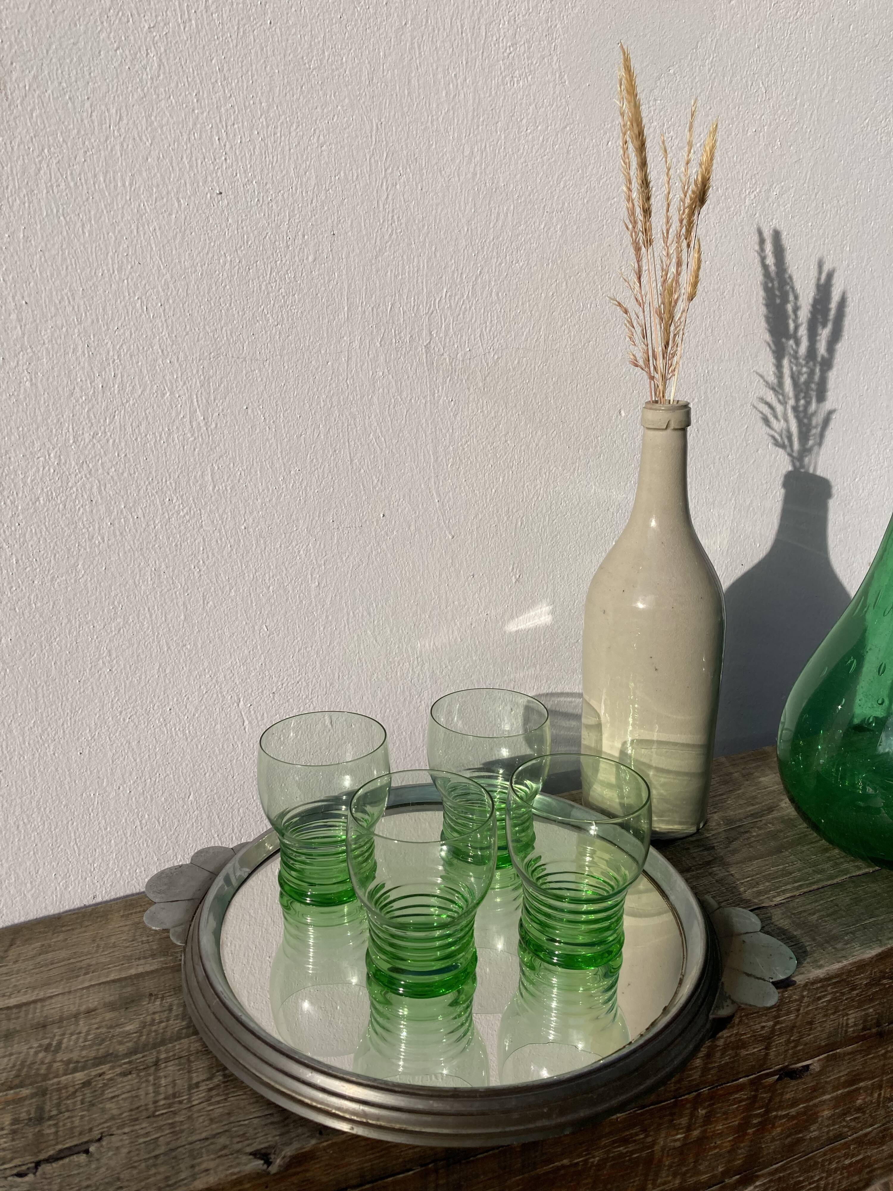 5 vintage green blown glass water glasses