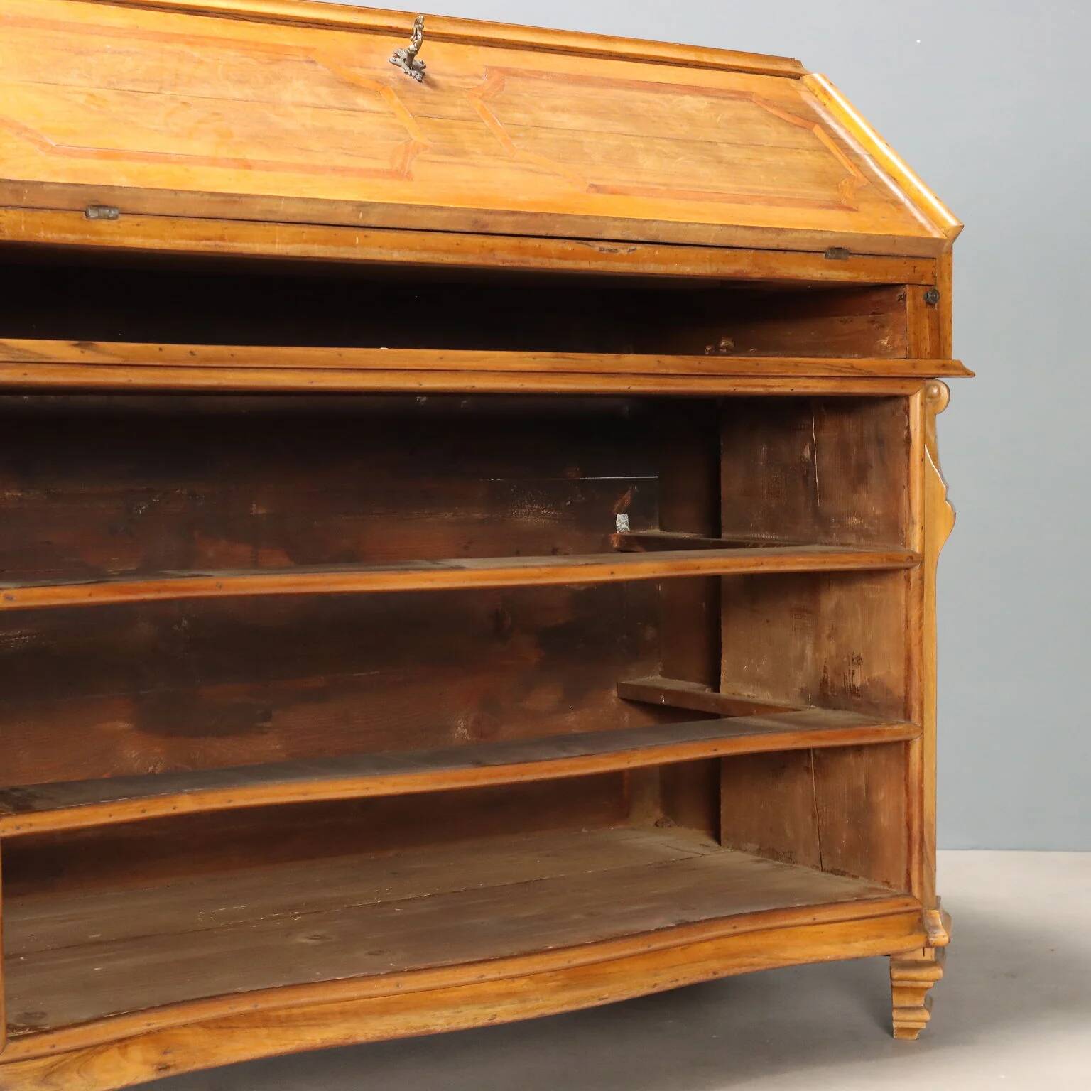 Antique cherry wood cabinet with drop-down front, 3 drawers, Italy, 20th century.