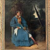 Huile sur toile femme à l'ombrelle dans un sous-bois XIXe