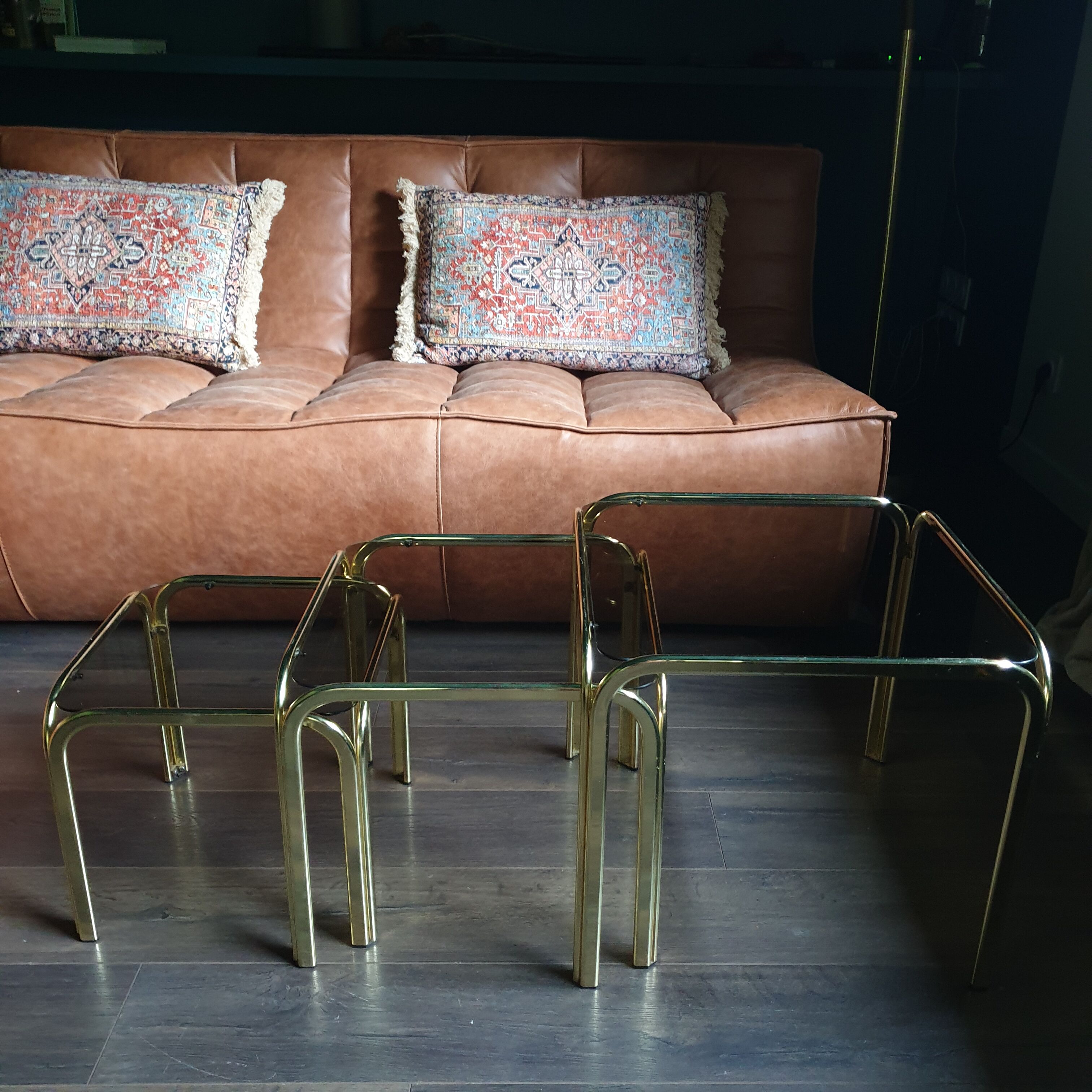 Golden vintage pull-out coffee tables and 70s smoked glass
