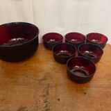 Salad bowl + 6 vintage ARCOROC Sierra molded glass bowls, ruby red, Vinta