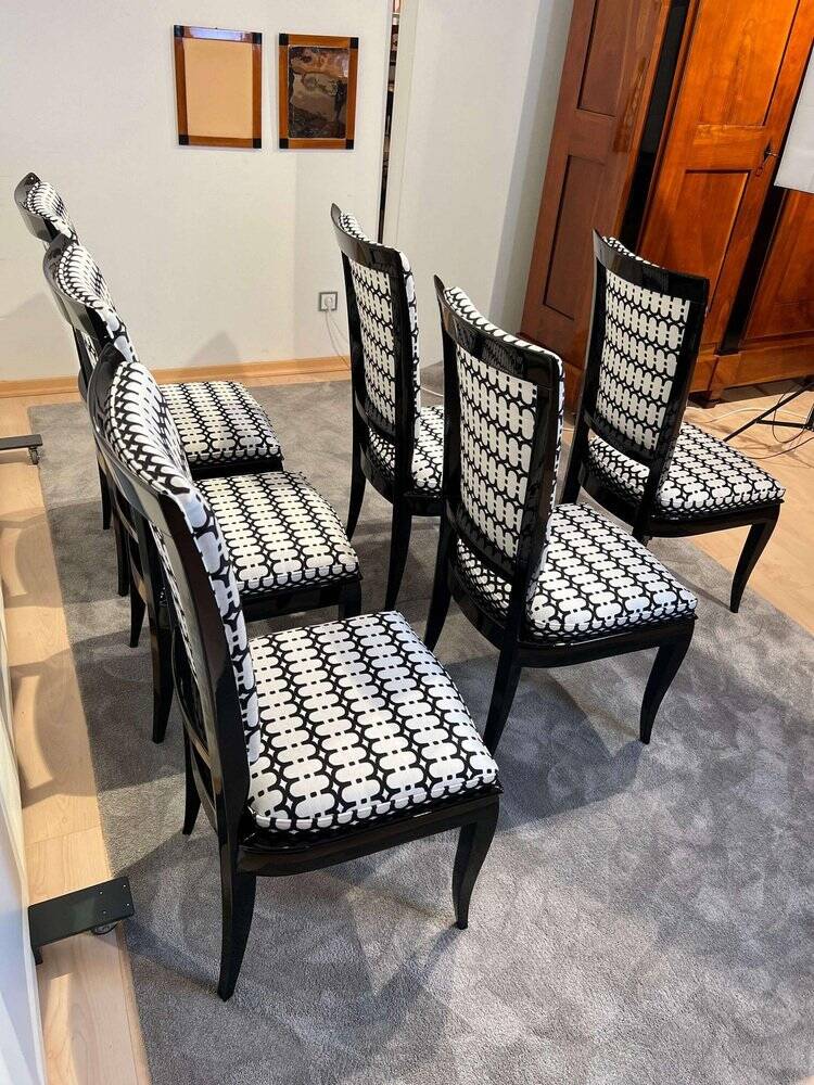 Art Deco High Back Black Lacquered Dining Chairs, France, 1930s, Set of 6