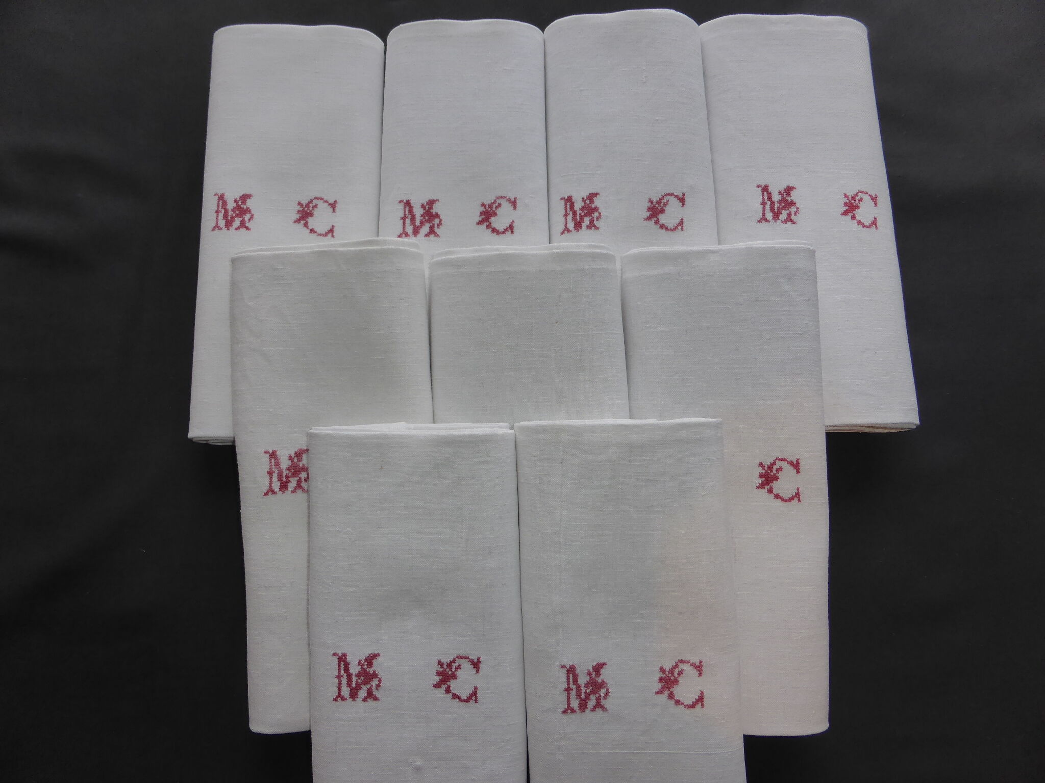 9 old linen towels embroidered MC with red thread
