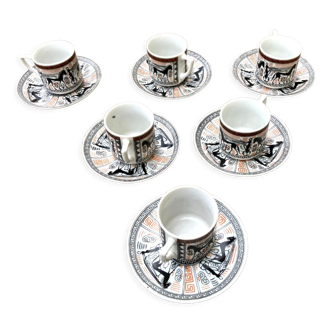 6 tasses et sous tasses - Service à café - décor Grèce antique