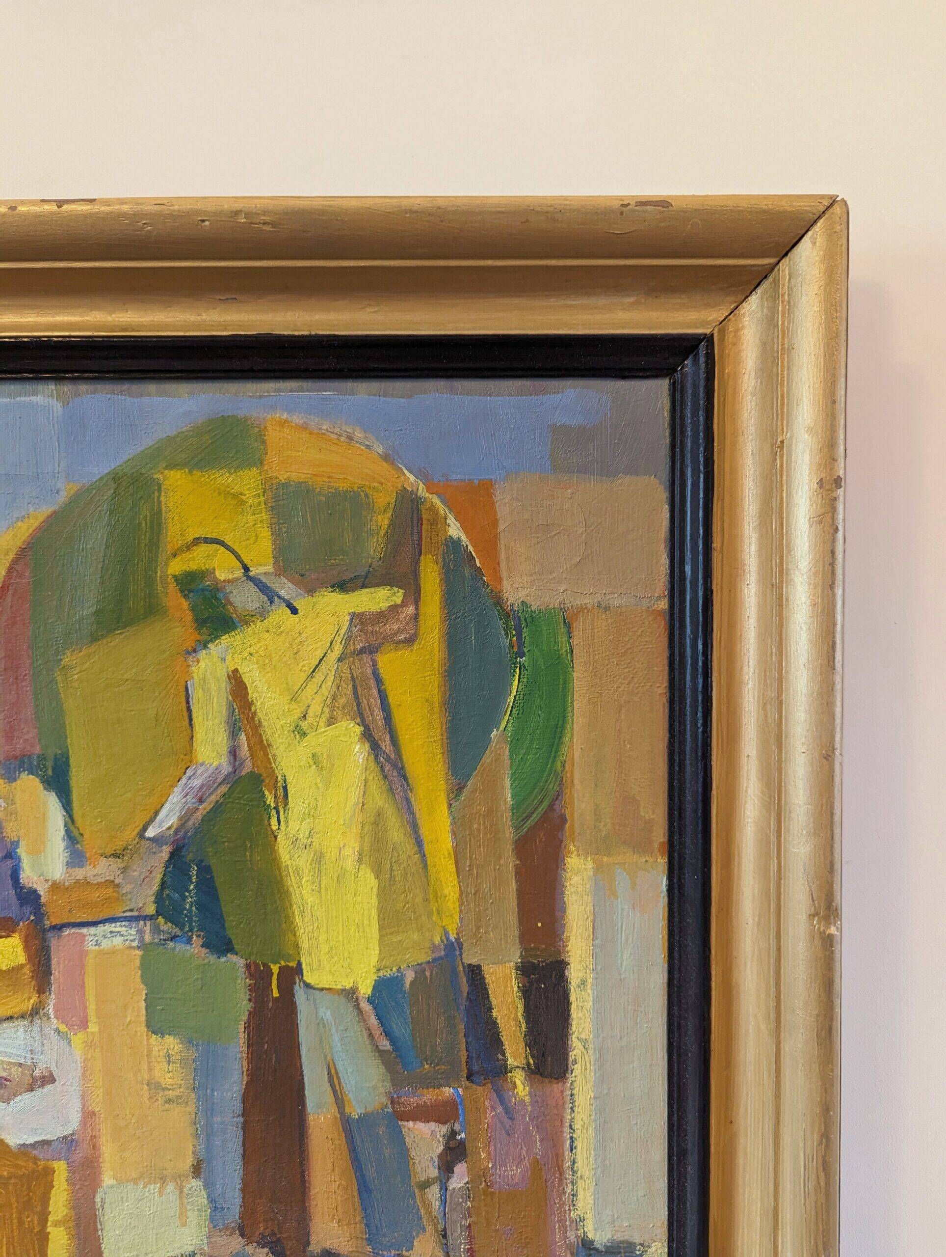 Mid-Century Modern Swedish "The Fruit Tree Pickers" Vintage Oil Painting, Framed