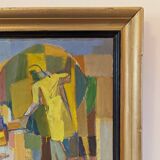 Mid-Century Modern Swedish "The Fruit Tree Pickers" Vintage Oil Painting, Framed