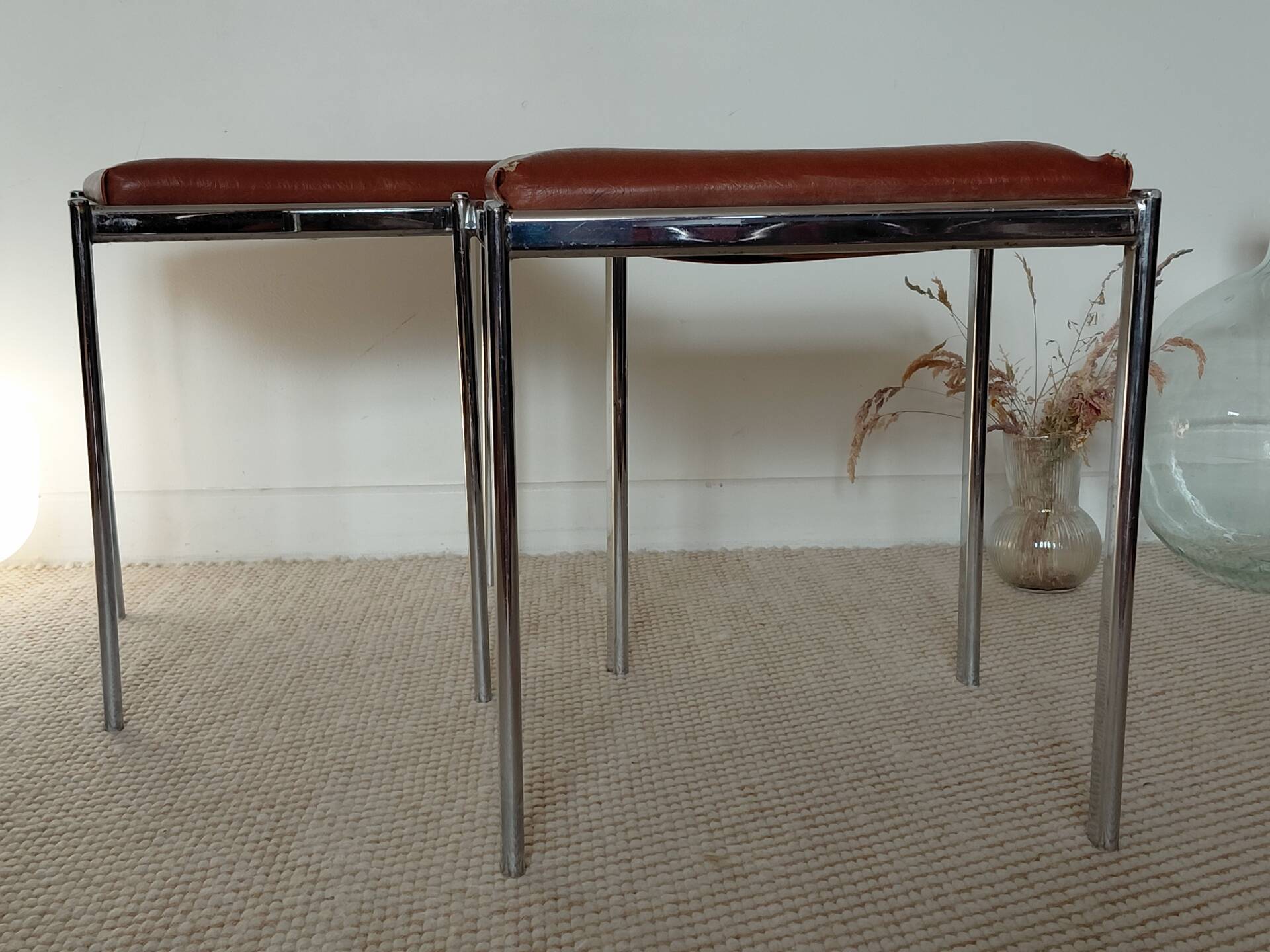 Pair of vintage stackable stools in faux leather and chrome - 70s