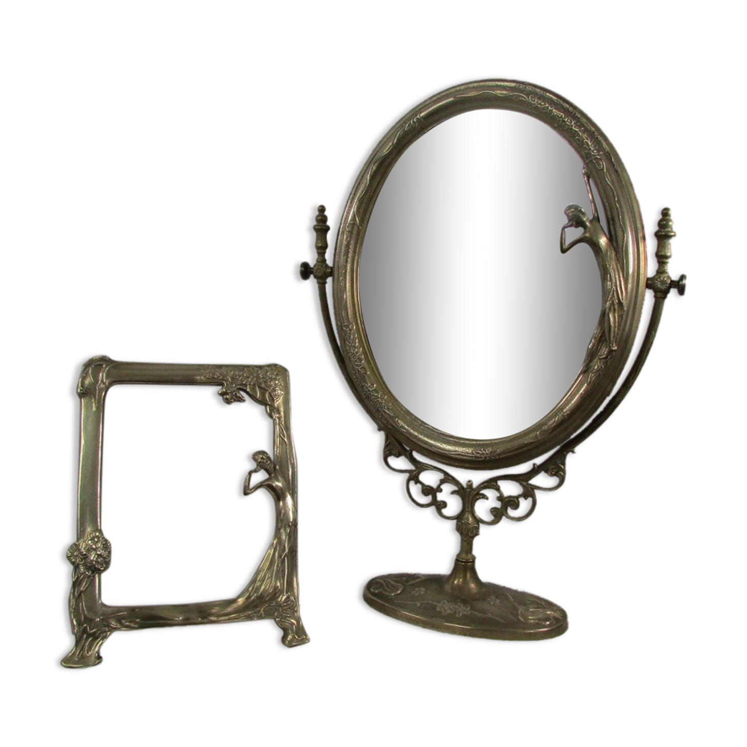 Tilting table mirror and art nouveau photo holder in bronze