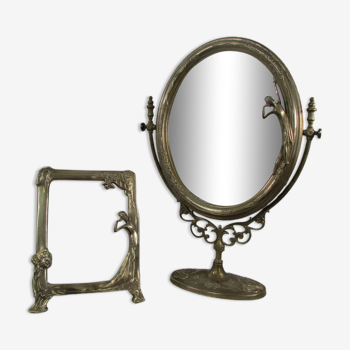 Tilting table mirror and art nouveau photo holder in bronze