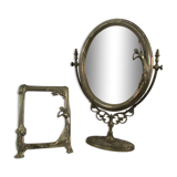 Tilting table mirror and art nouveau photo holder in bronze