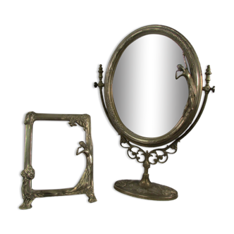 Tilting table mirror and art nouveau photo holder in bronze