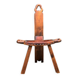 Chaise vintage tripode en bois et cuir années 60