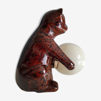 Lampe ours vintage en céramique marron et globe opaline blanc