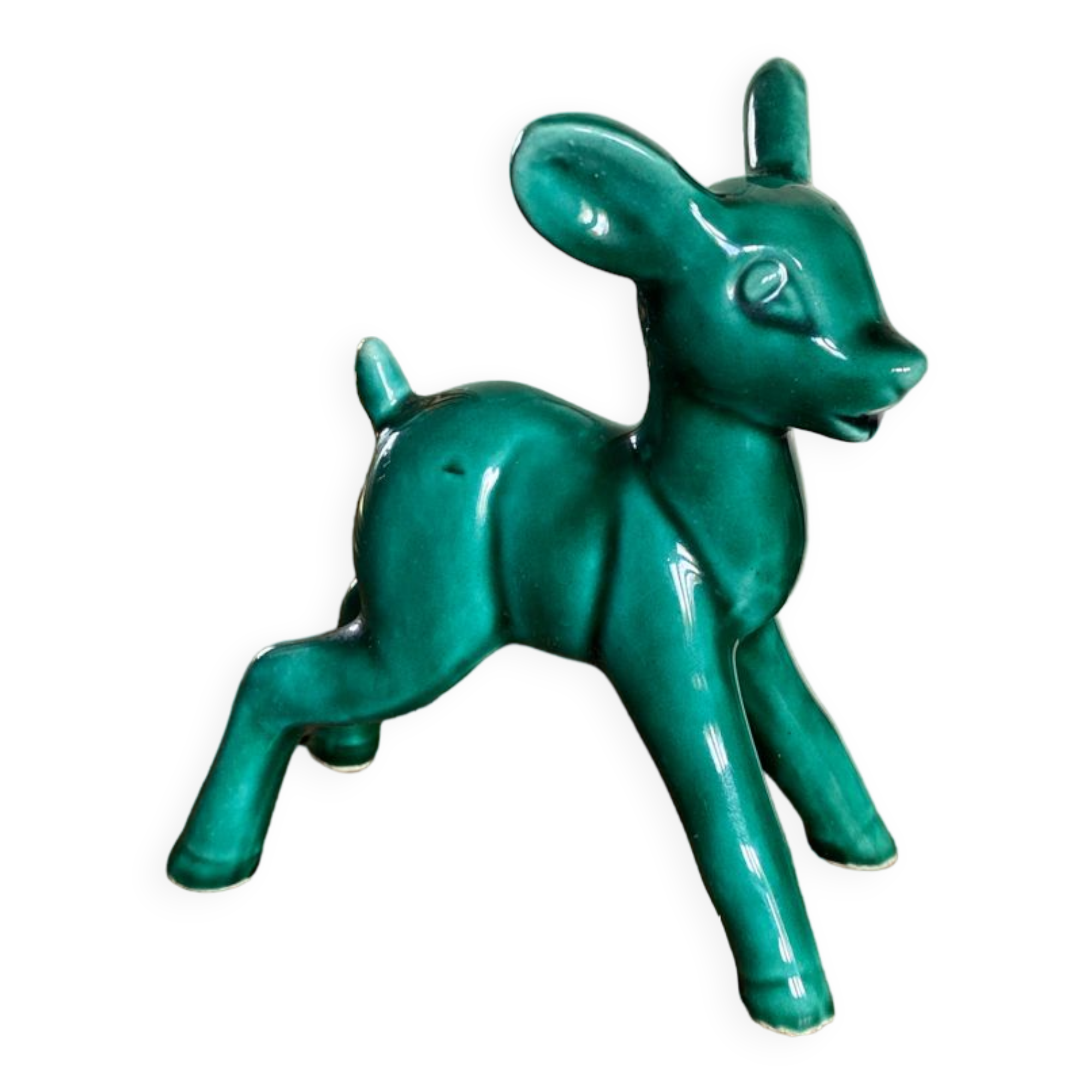 Art Nouveau green glazed ceramic fawn