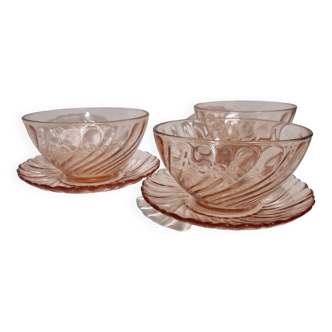 set de 3 bol et sous bol vintage Arcoroc modele Rosaline verre rose