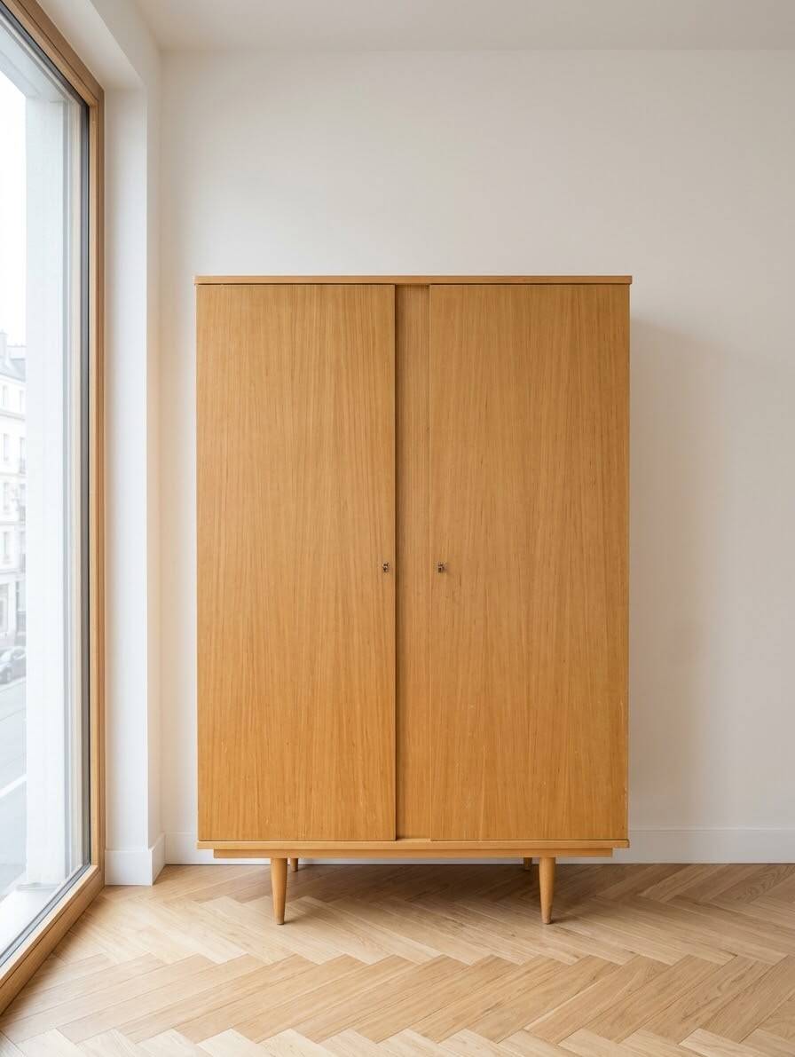 Vintage 1950s cabinet with tapered legs, wood.
