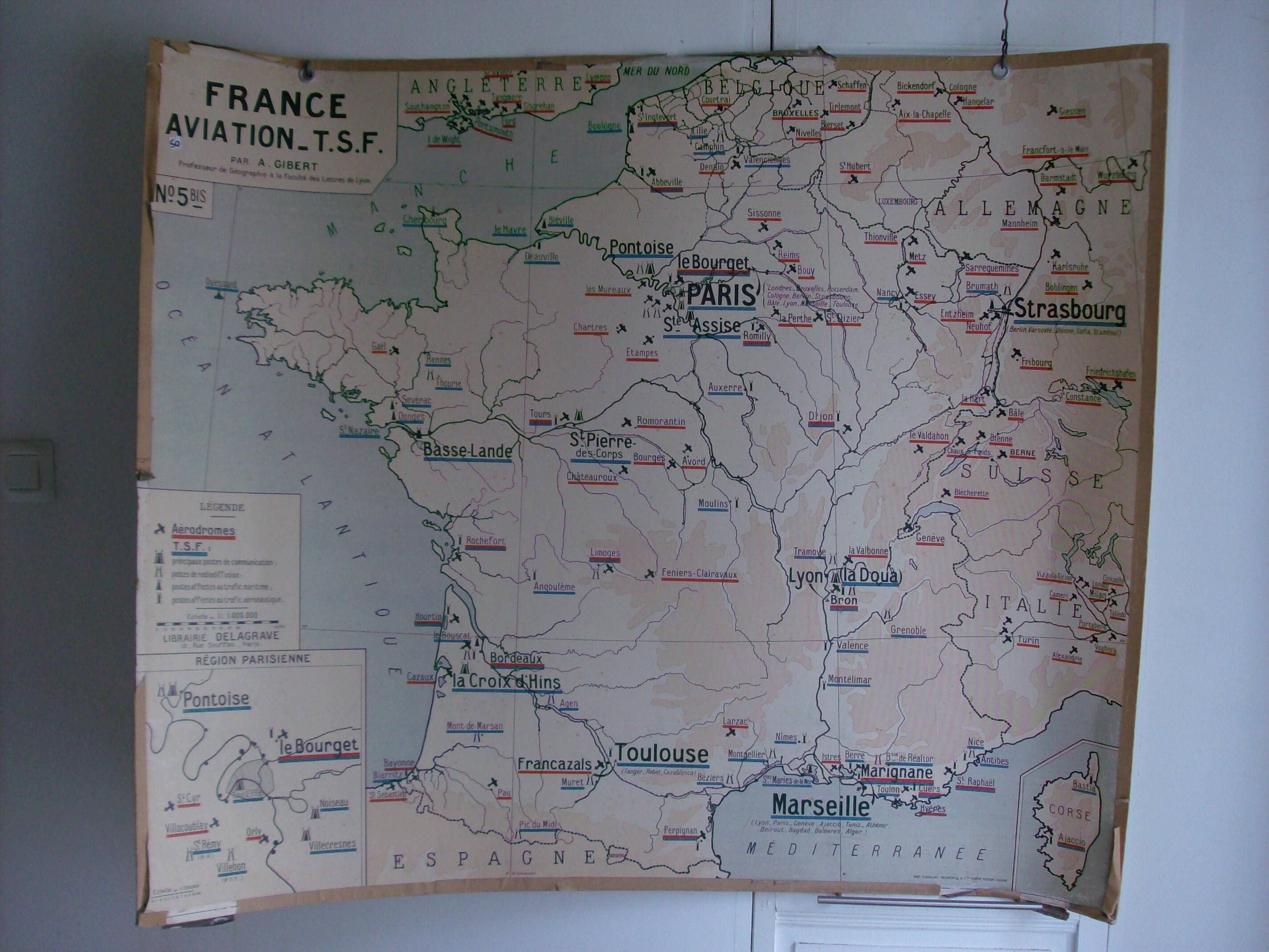 Old school map of geography France aviation waterways TSF by Gibert
