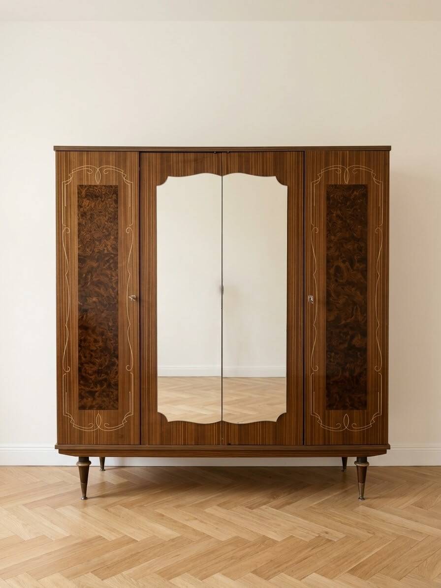 1970s vintage wooden wardrobe with mirrors
