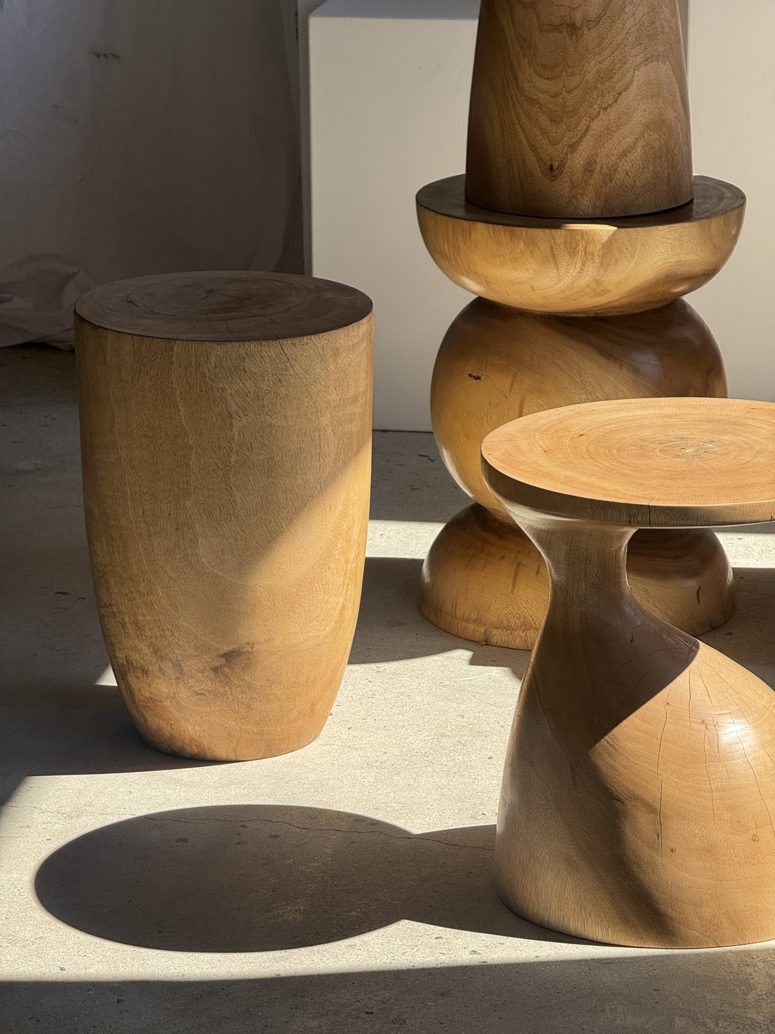 Stool, side table, cylindrical solid mango wood end table.