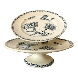 Antique dishes on foot in Luneville carnation porcelain