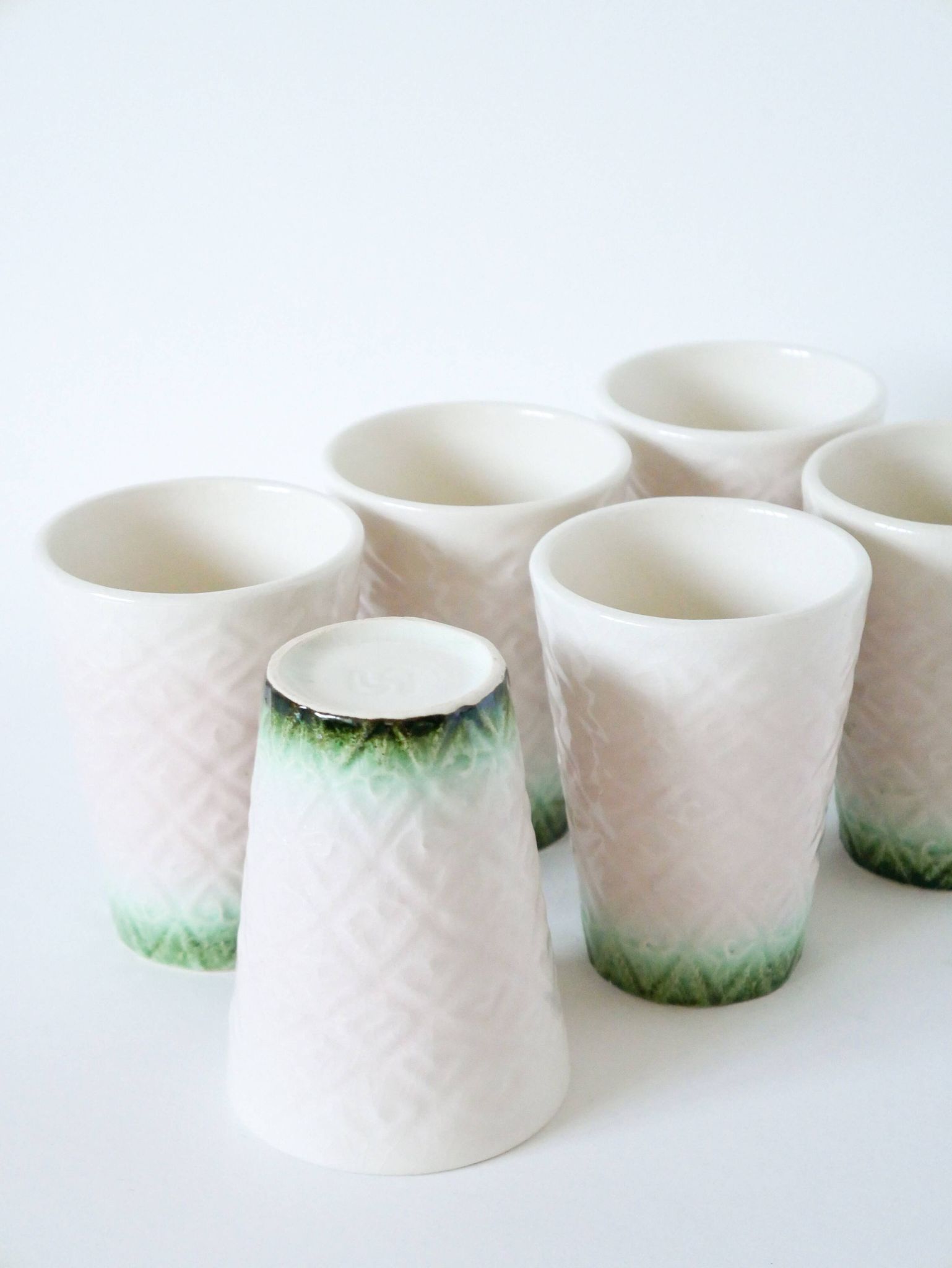 Set of 6 pink and green slip glasses Digoin Sarreguemines, 1970