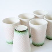 Set of 6 pink and green slip glasses Digoin Sarreguemines, 1970