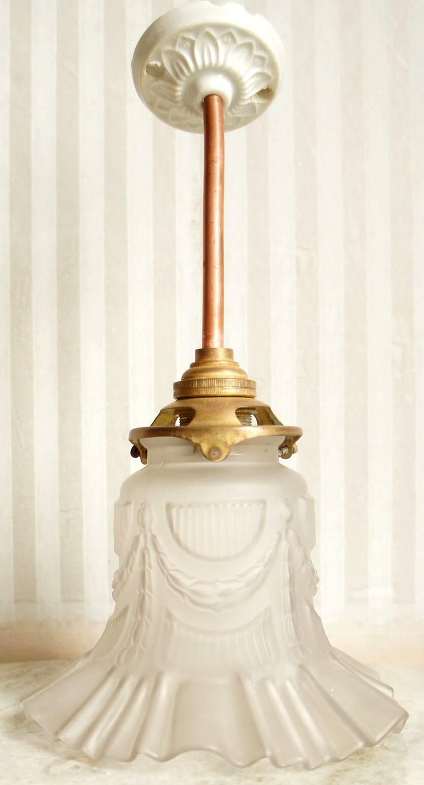 Glass tulip pendant light & porcelain rosette 1920