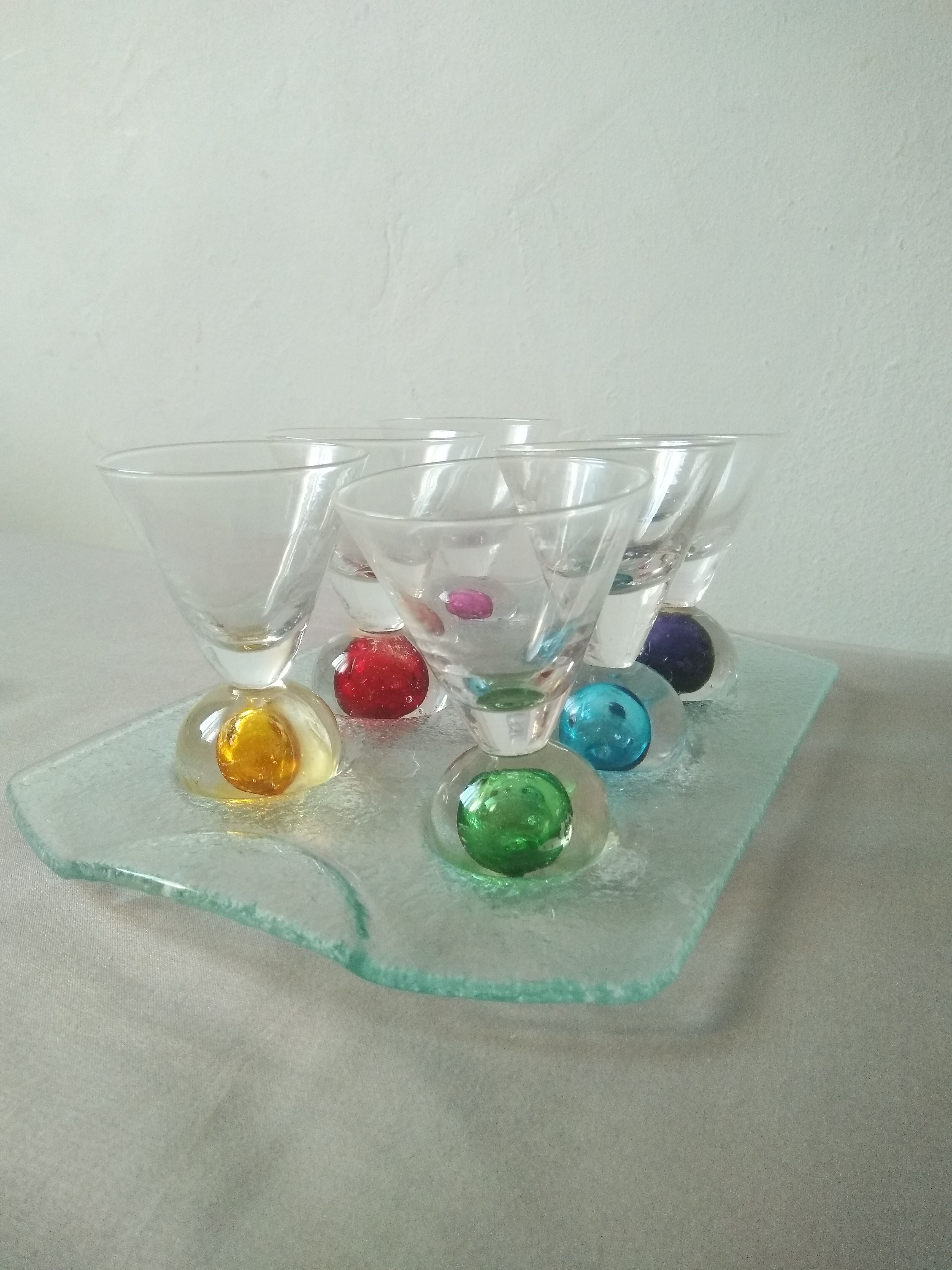 Box 6 liqueur glasses, colored ball base + serving tray, new