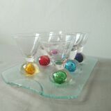 Box 6 liqueur glasses, colored ball base + serving tray, new