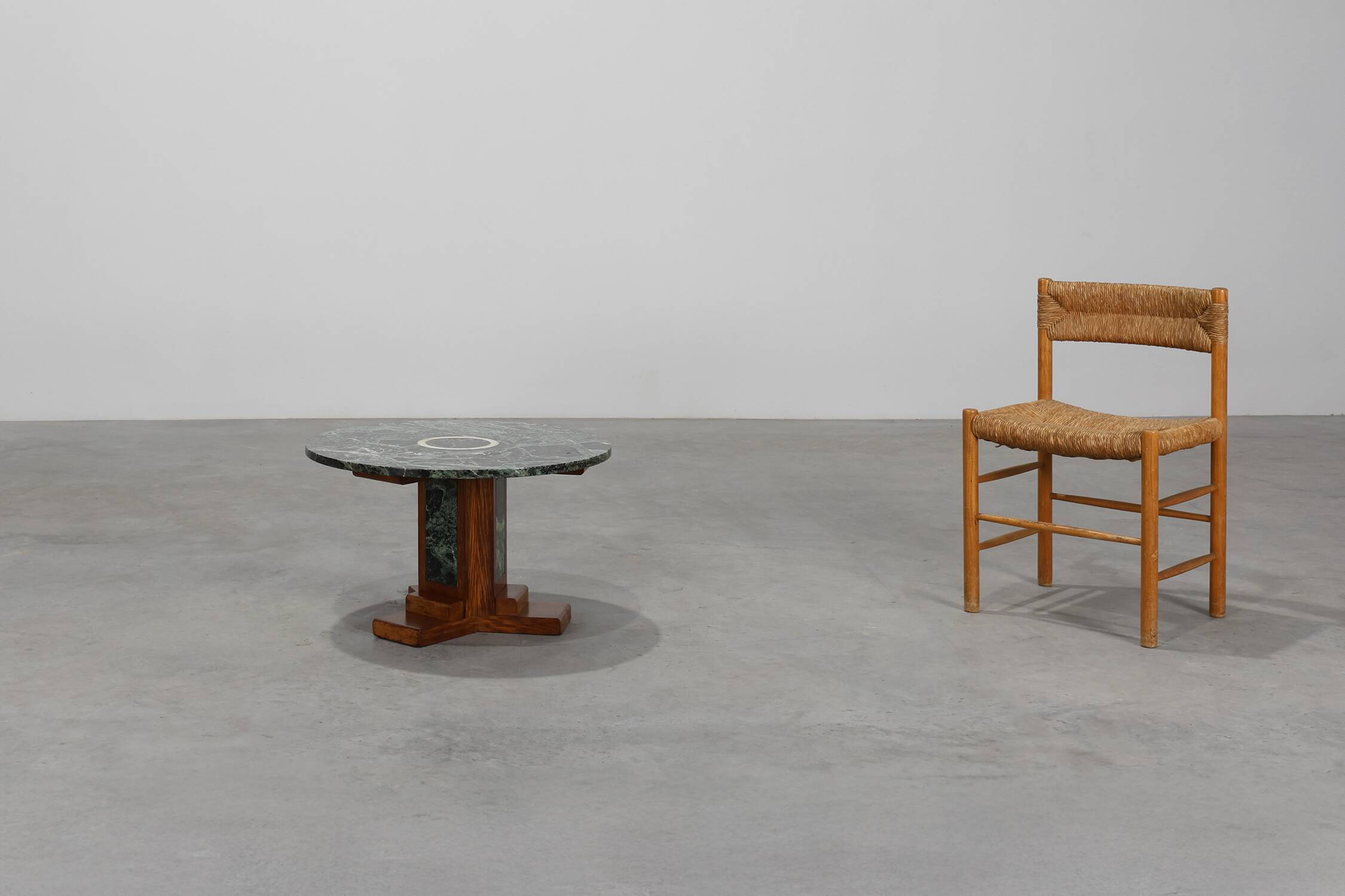 Art Deco Oak and Green Marble Coffee Table, France, 1920