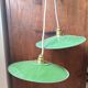 Set of two vintage green and white enamelled sheet metal lampshade pendants
