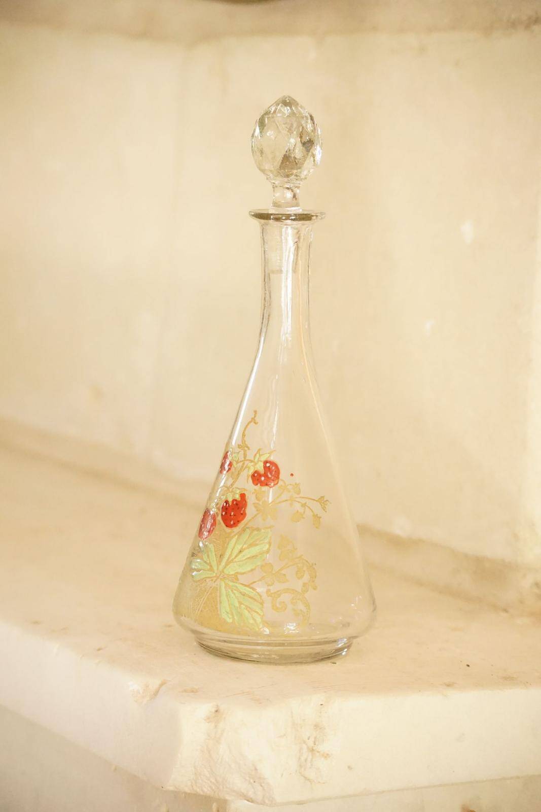 Legras (late 19th century) strawberry enamelled glass liqueur carafe.