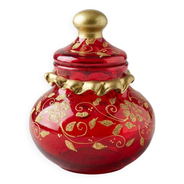 Antique ruby red glass sweet jar with floral gilding – Decorat