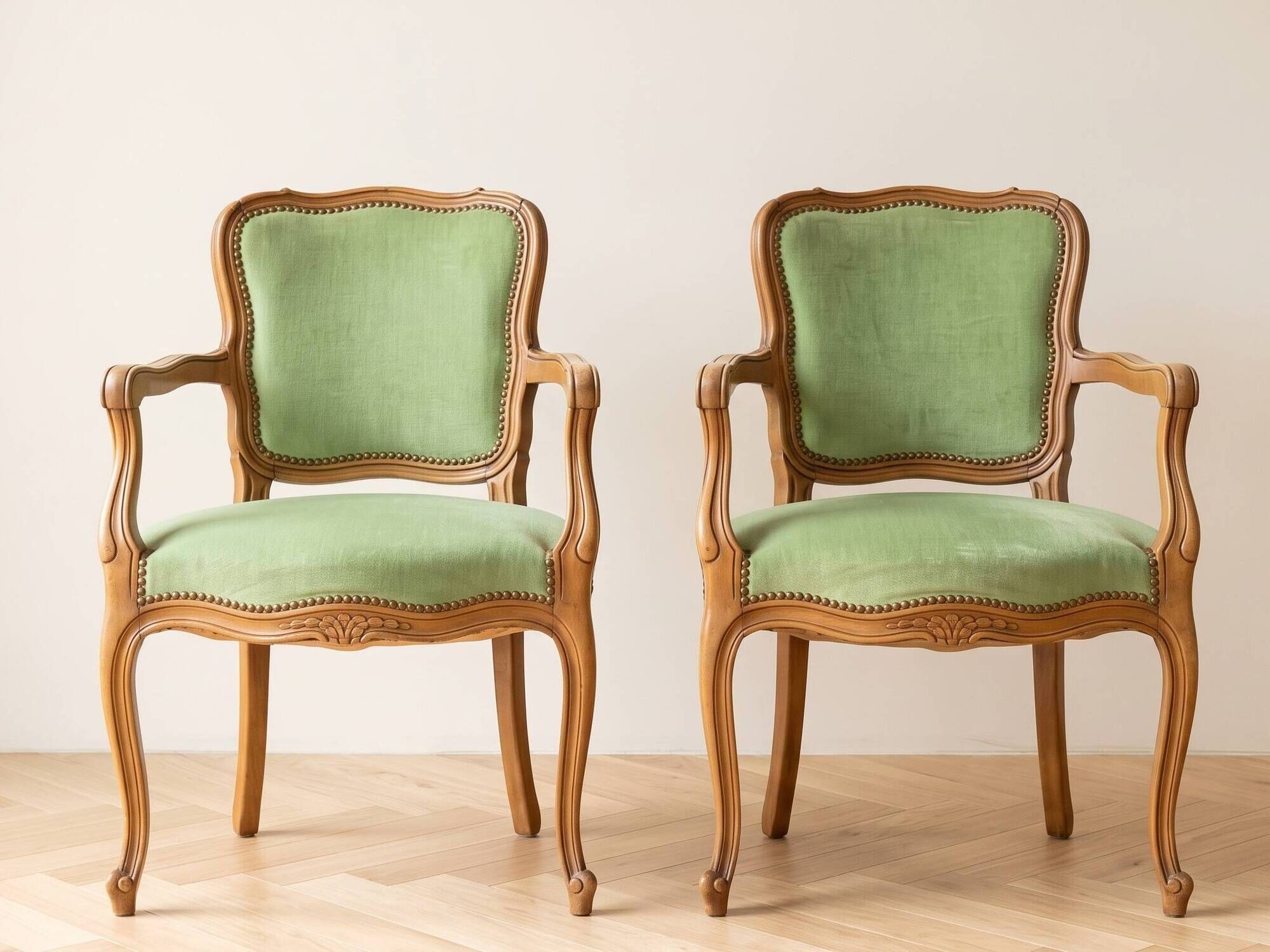 Set of 4 Louis XV style cabriolet armchairs in green fabric.