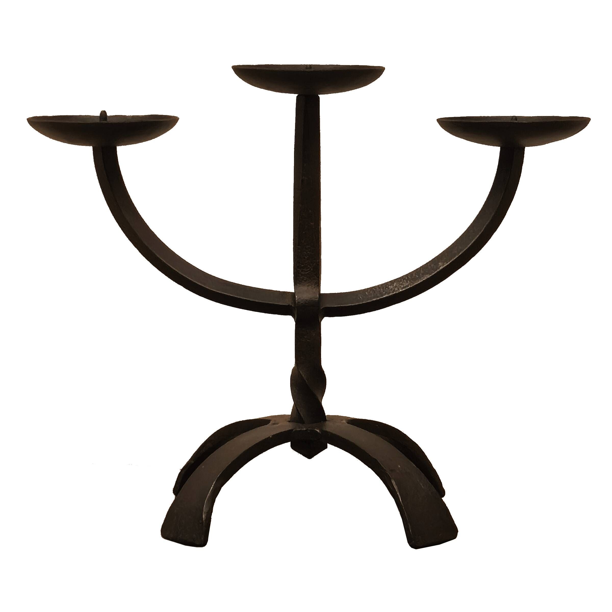 Brutalist three-light chandelier in hammered wrought iron, France, 1960s
