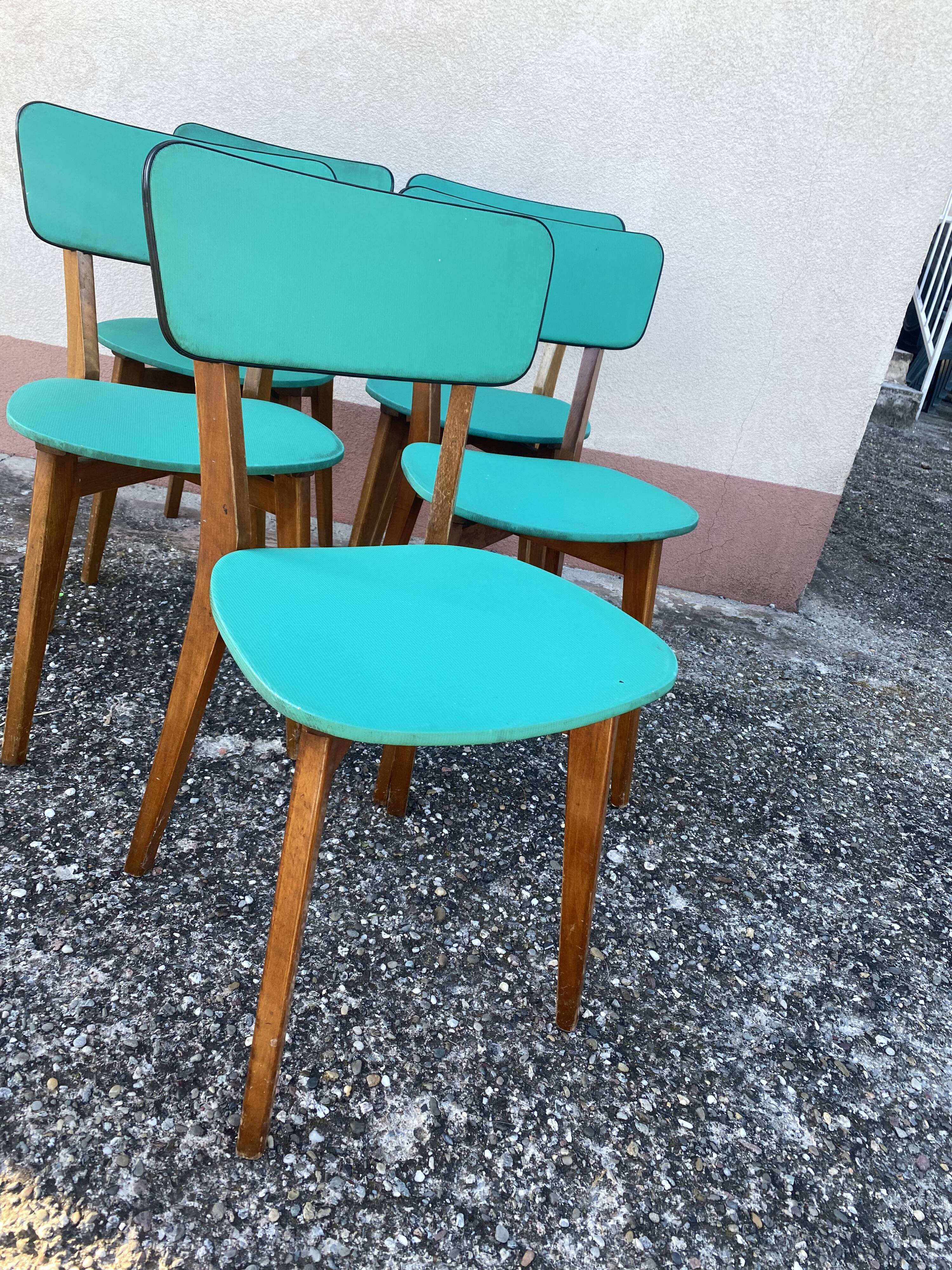 Chaises en skaï pied compas vintage bleu vert