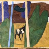 Mid-Century Modern "Modernist Cow" Swedish Vintage Landscape Oil Painting by Ture Fabianssonb