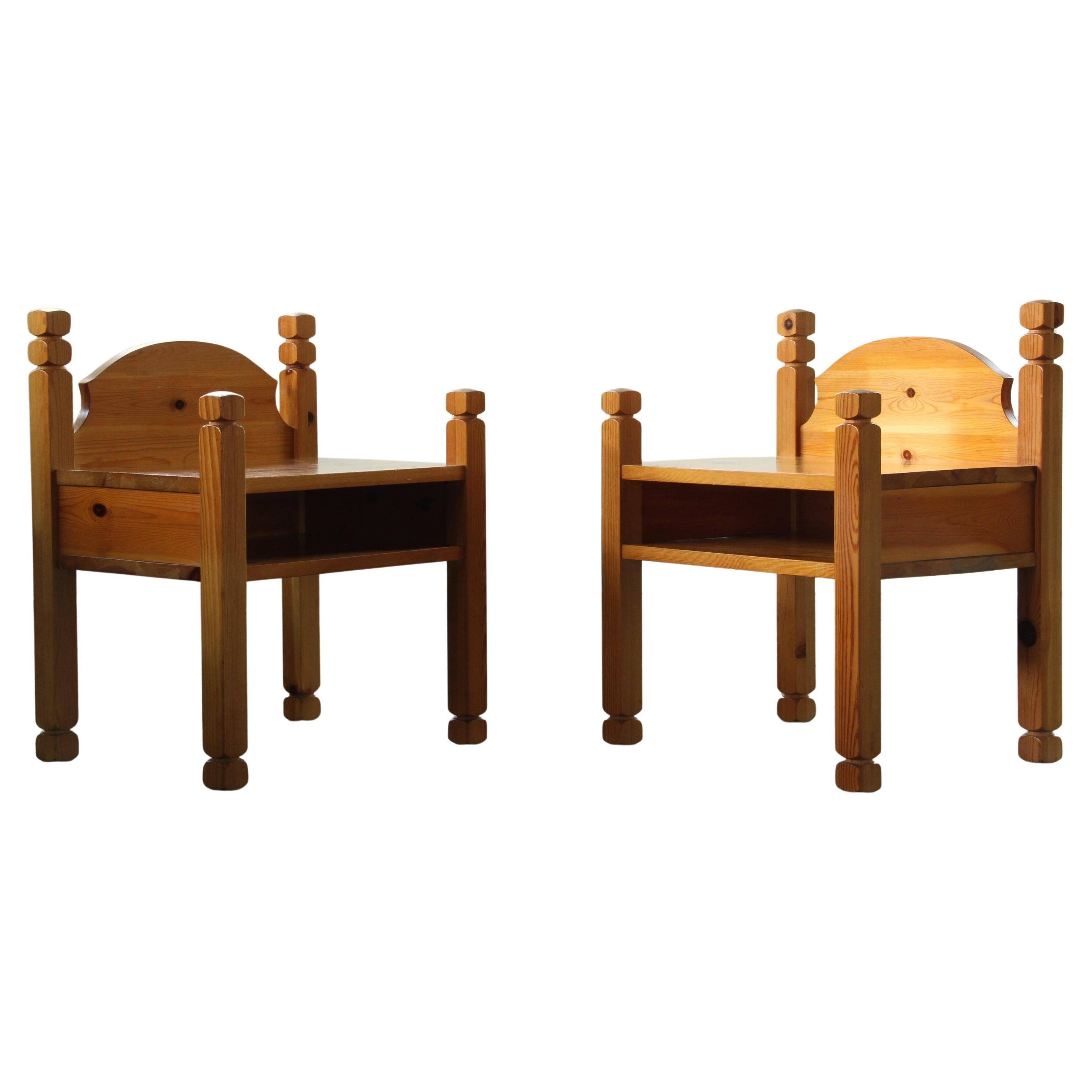 Pair of vintage chunky solid pine bedside tables, Denmark, 1970s