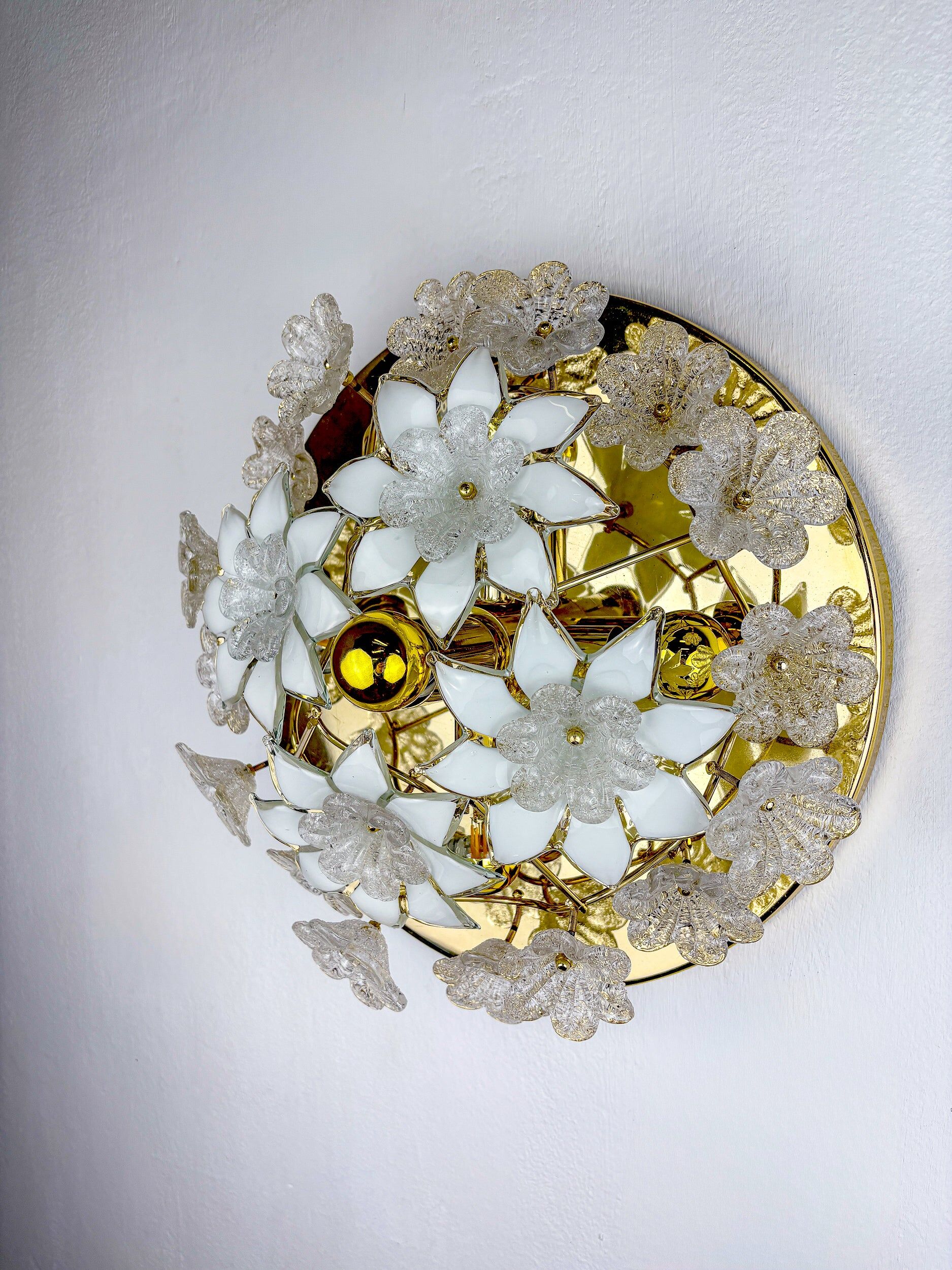 Large Italian Murano glass white frosted flowers ceiling flush mount, 1970s