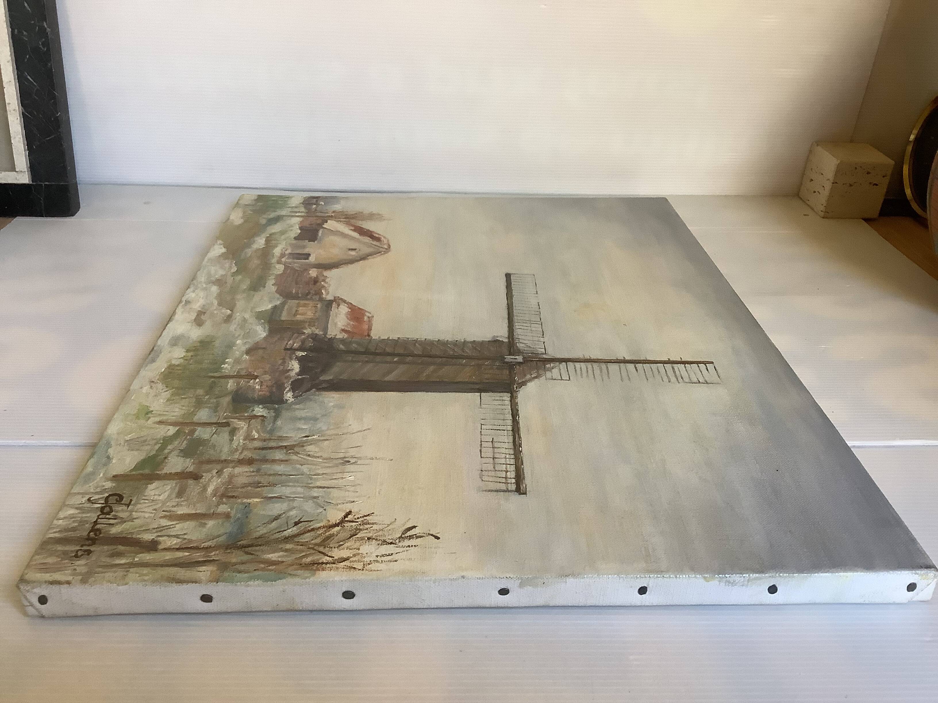 Painting winter landscape with a mill oil on canvas signed