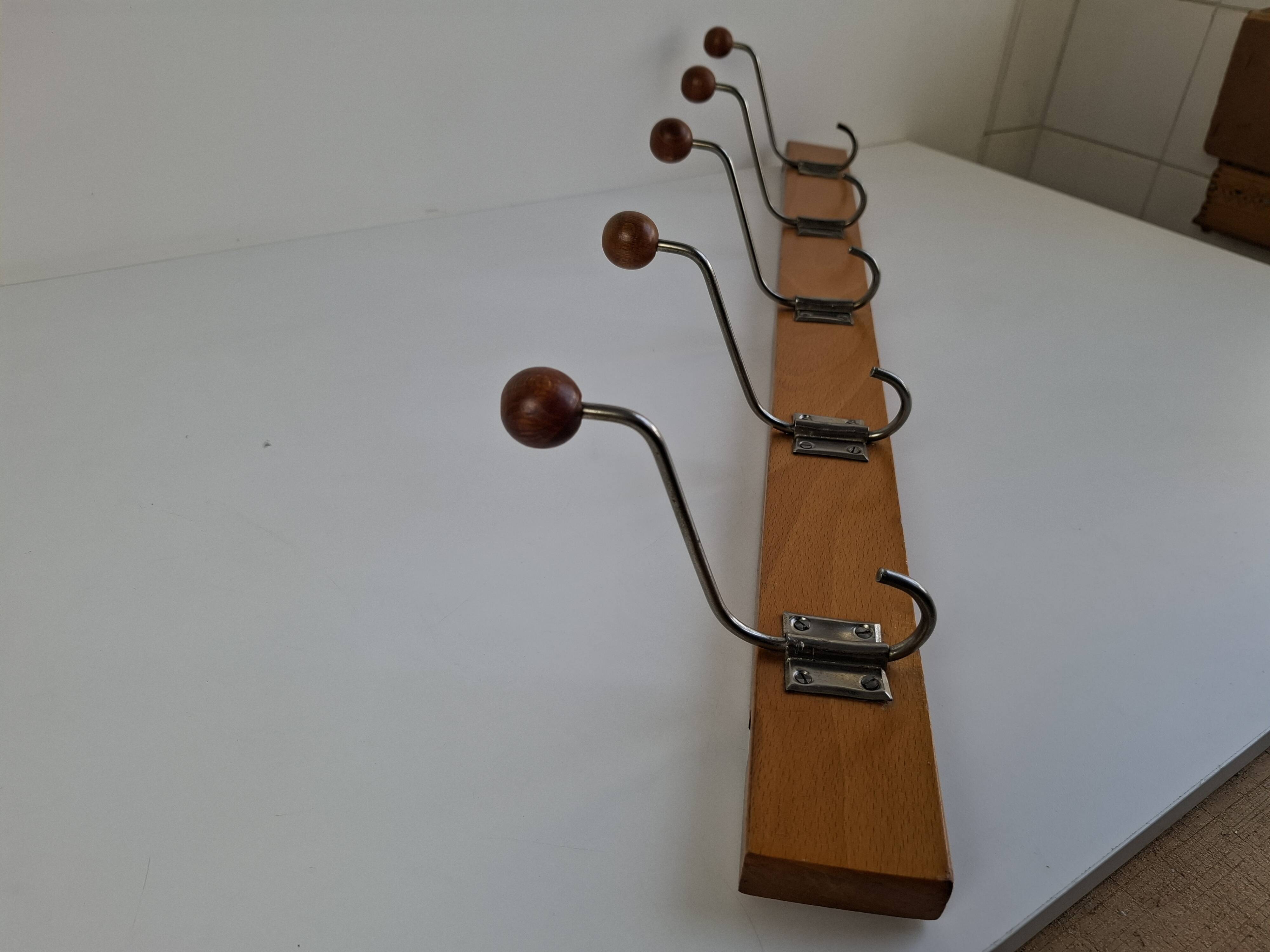 Czechoslovak Midcentury Wooden and Metal Wall Coat Rack, 1960s