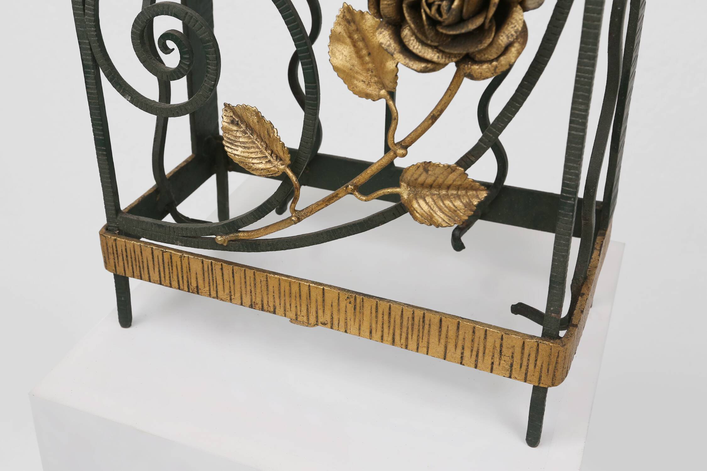 Art deco wrought iron umbrella stand with floral decoration, France ca. 1930