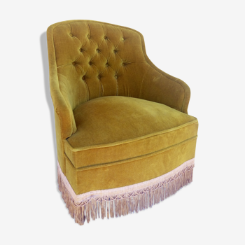 Fauteuil crapaud en velours jaune moutarde