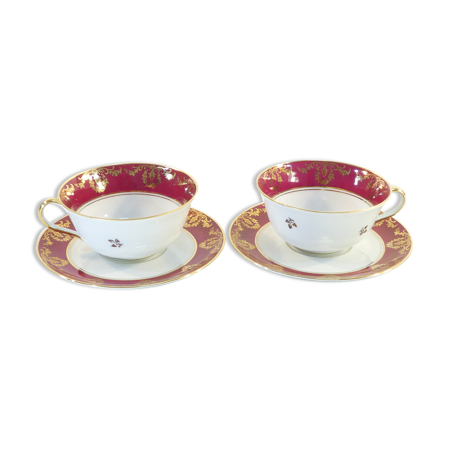 Pair of lunch cup and subcup in porcelain limoges red headband