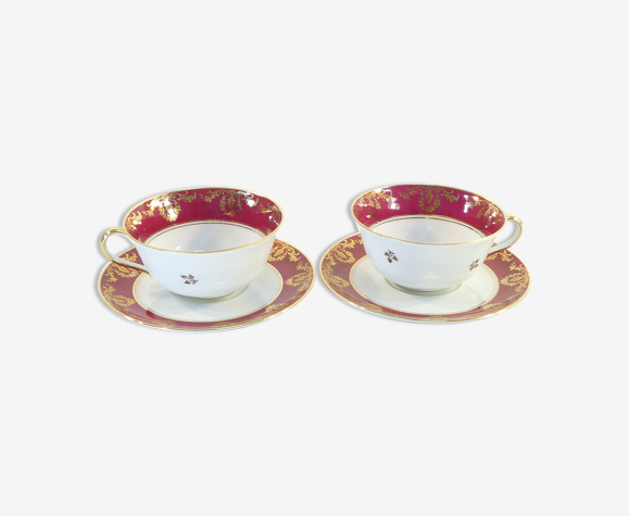 Paire de dejeuner tasse et sous-tasse en porcelaine limoges bandeau rouge