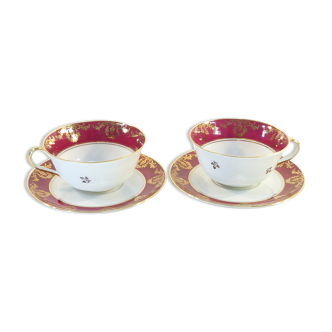 Pair of lunch cup and subcup in porcelain limoges red headband
