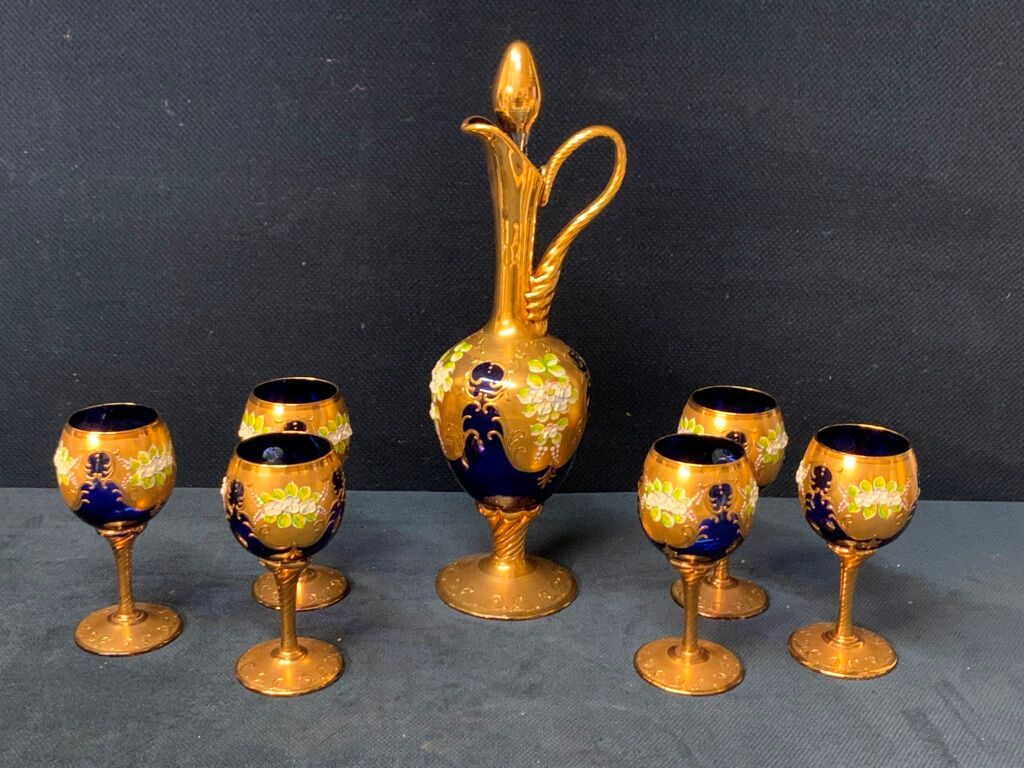 Murano glass decanter set with six wine glasses 24K Gold Leaf – Blue.