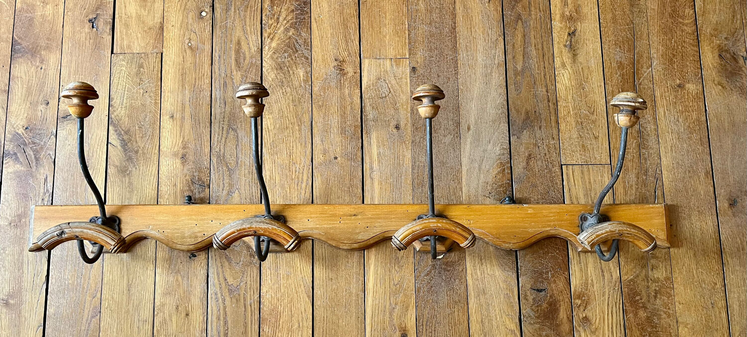 Wall coat rack in wood and old metal