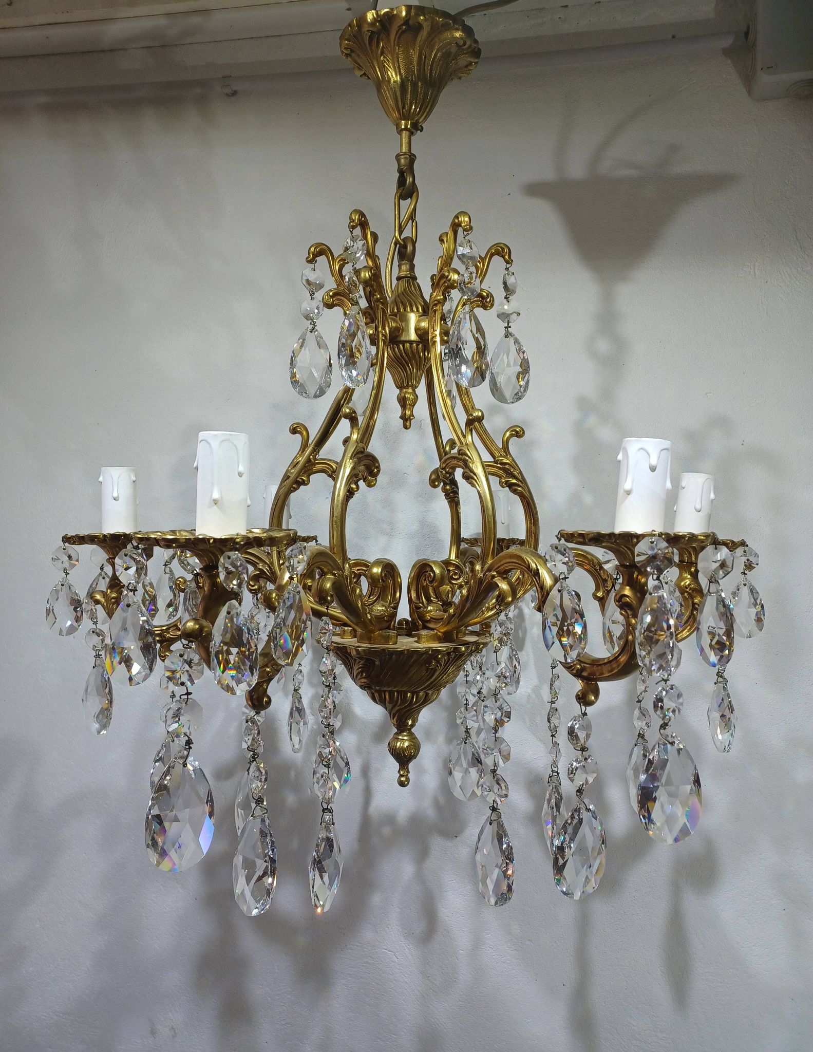 Lustre cage 6 lumières bronze et cristal
