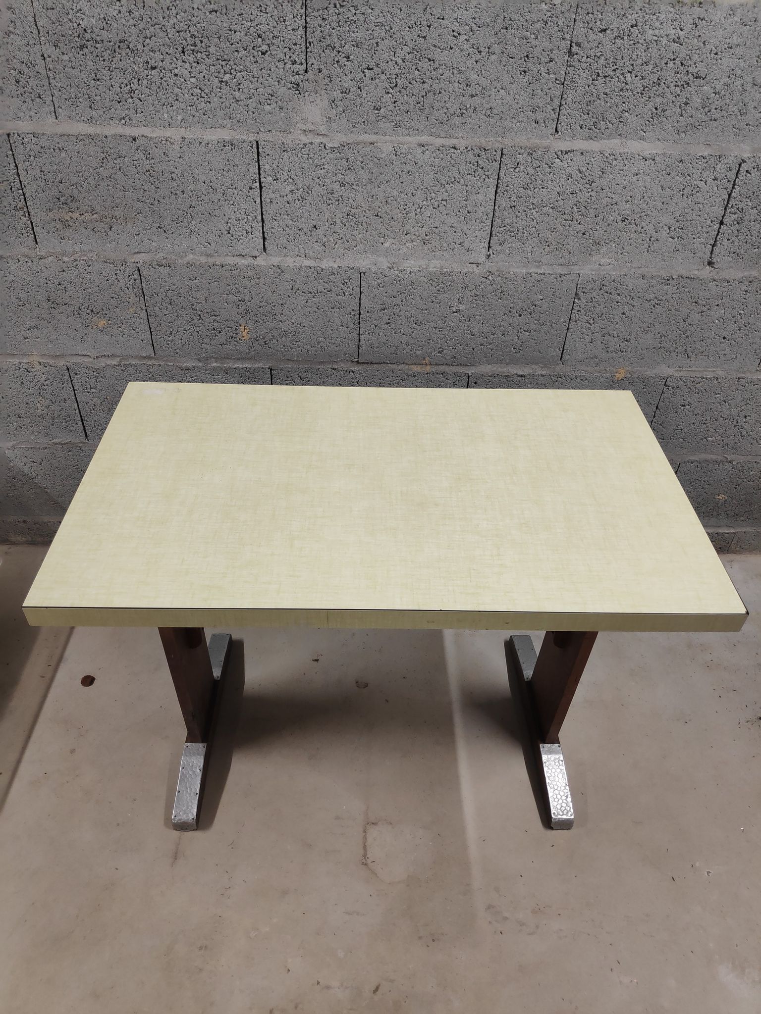 Vintage bistro table in yellow formica, wood and zinc from the 50s/60s